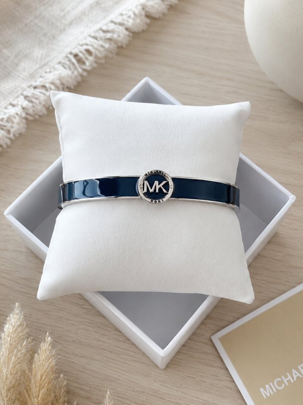 Michael Kors Silver Blue Enamel Logo Hinge Bangle Bracelet Box NWT